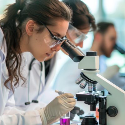 Scientists working with microscopes in a laboratory.